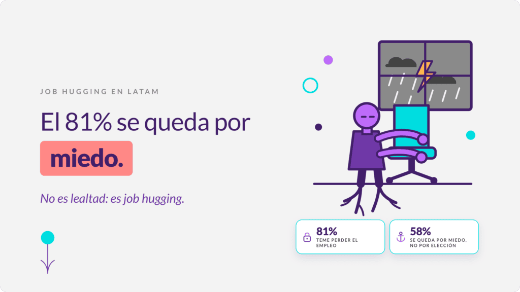 Miedo a perder el empleo: ilustración de job hugging, una persona aferrada a su silla de oficina